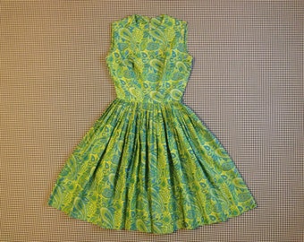 1950's, sleeveless, paisley print, circle skirt, dress, in greens, and blue, Women's size Small/XS