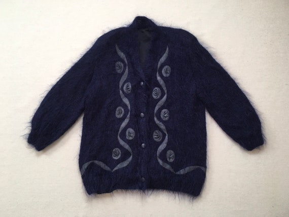 1980's, fuzzy, cardigan jacket, with leather trim… - image 1