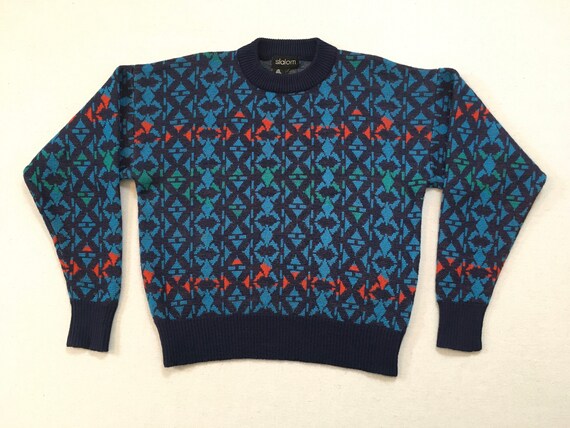 1980's Wool Ski Sweater in Navy With Turquoise Red - Etsy