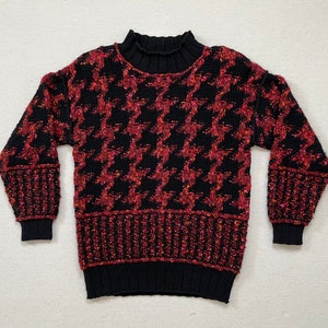 1990&#39;s, wool blend, handknit, mockneck, nubby, tunic sweater in black with red, orange and plum, houndstooth design by Liz Claiborne