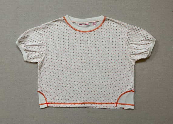 1980's, semi-cropped tee in white with orange sta… - image 1