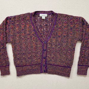 1990&#39;s, loose knit, cable knit cardigan in violet, fuchsia, avocado and yellow
