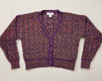 1990's, loose knit, cable knit cardigan in violet, fuchsia, avocado and yellow