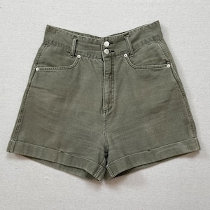1990&#39;s, textured cotton, high waist, cuffed leg shorts in dried sage by PASTA