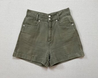 1990's, textured cotton, high waist, cuffed leg shorts in dried sage by PASTA