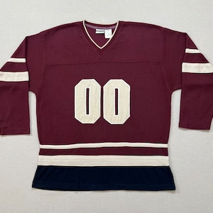 2000, ribknit &quot;00&quot; jersey top in burgundy with cream and black