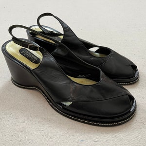 1970&#39;s, leather, peep toe, sling back, wedge heel shoes in black by Jean-Paul Barriol Paris, Women&#39;s size 38 (US 7.5)