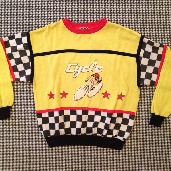 1980's, CYCLE sweatshirt, in yellow, with black and white checkerboard and cyclist