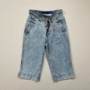 1990&#39;s, high-pleated-fold waist, capri jeans in acid wash