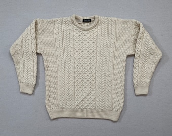1980's, Irish, Merino wool, fisherman sweater in cream by Blarney Woollen Mills