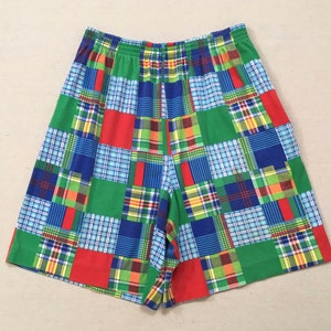 Jaren '80, jersey breisel, shorts, in kleurrijke, patchwork plaid, print