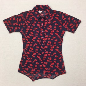 1970&#39;s, nylon, short sleeve, long collar, button neck top, in navy with red polka dots and elephant print