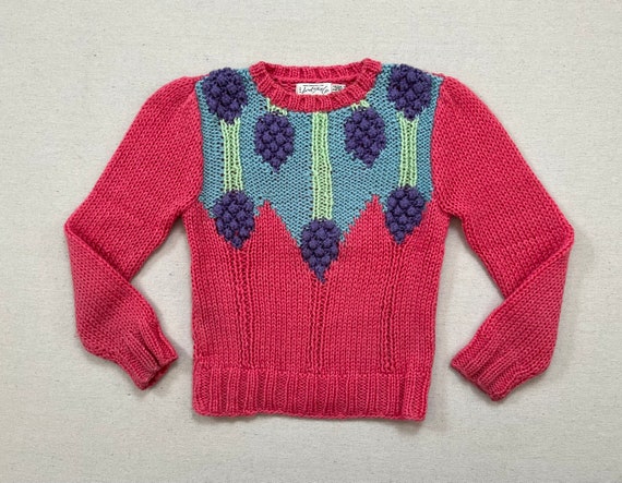 1980's, sweater in pink raspberry with sky blue, … - image 1