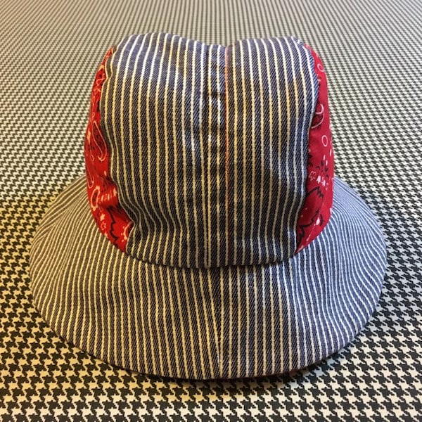 1970's, tie-back, sun hat, in blue and white, engineer stripes, and red bandana, print