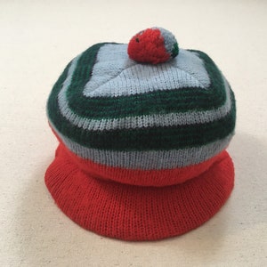 1980&#39;s, cuffed, brim, knit, wool, pom pom, hat in red, baby blue, green and navy stripes