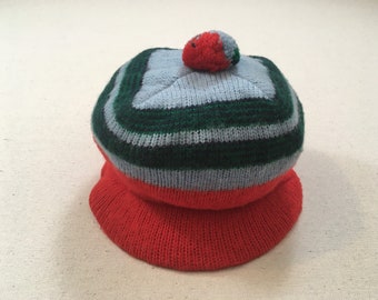 1980's, cuffed, brim, knit, wool, pom pom, hat in red, baby blue, green and navy stripes