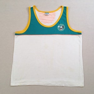 1980s, Mickey Mouse tanktop, in white and teal, with yellow and orange trim