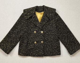 1960's, wool, notched puritan collar, double breasted, swing jacket in black and mustard, nubby windowpane weave