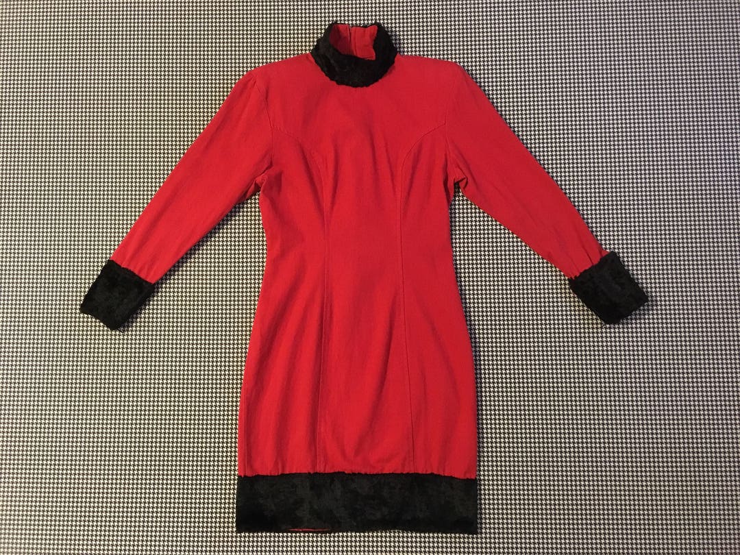 1990's Red Mini-dress With Black Faux Fur Trim by - Etsy