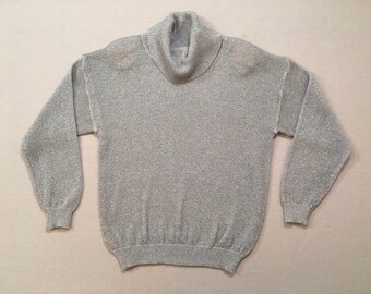 1980's, sparkly, metallic, slouchy, turtleneck sweater in silver