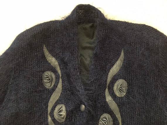 1980's, fuzzy, cardigan jacket, with leather trim… - image 2