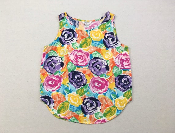 1990's, rayon, tanktop, in colorful, rose print - image 1