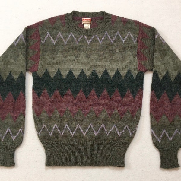 1980's, wool blend sweater, in drab greens, dusty brick and lavender, zig zag design