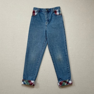 1990&#39;s, cuff leg jeans with burgundy, blue, white and green, plaid trim