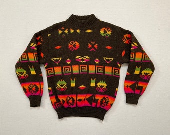 1990's, Italian wool, mockneck sweater in espresso bean with brightly colored, Southwest design by Benetton