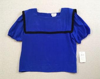 1980's, silk, short sleeve, sailor collar blouse, in blue with black trim