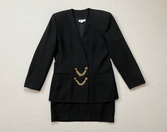 1990's, blazer and mini skirt in black with gold button chains by Ann Taylor