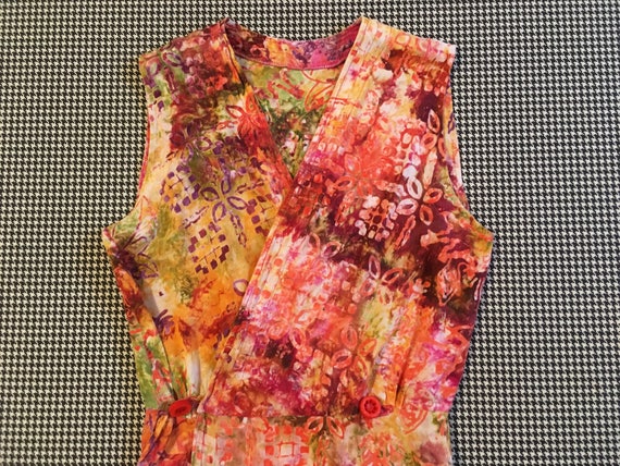 1990's, sleeveless, wrap dress, in colorful, bati… - image 2