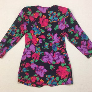 1990's, collarless, tailored waist, rayon blazer, in navy with purples, fuchsia, teal, blue, orange and green, floral print image 9