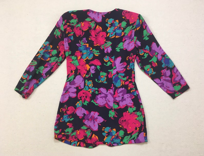 1990's, collarless, tailored waist, rayon blazer, in navy with purples, fuchsia, teal, blue, orange and green, floral print image 9