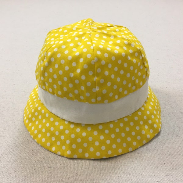 1970's, canvas, bucket, sun hat, in yellow with white polka dots