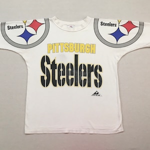 1990&#39;s, cotton, Pittsburgh Steelers tee in white with yellow, black, red, blue and gray