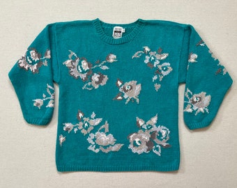 1980's, ramie/cotton blend sweater in aqua blue with flowers in grays