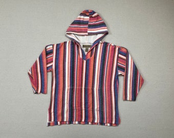 1990's, cotton, flannel, hoodie in raspberry, indigo, orange sherbet, charcoal and white stripes by b.u.m. equipment