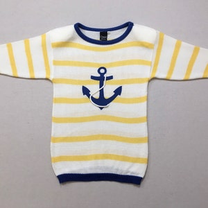 1980's, 3/4 sleeve, anchor, tunic sweater, in white with yellow stripes and blue trim, by Catalina image 1