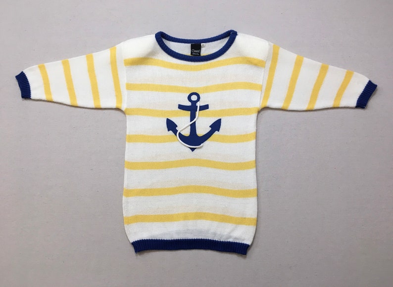 1980's, 3/4 sleeve, anchor, tunic sweater, in white with yellow stripes and blue trim, by Catalina image 1