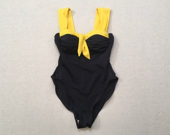 1990's, wide strap, underwire, swimsuit, in black with yellow by Catalina