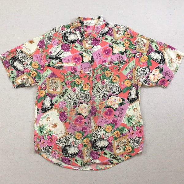 1990's, short sleeve, button up, collar shirt in flower seed packet print