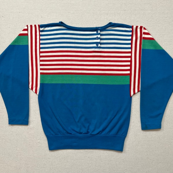 1980's, jersey knit, Dolman Sleeve, asymmetrical button neck, pullover in blue with white, red and green stripes