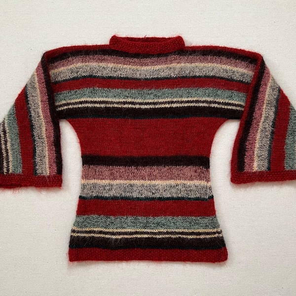 1970's, fuzzy, Italian wool, bell sleeve sweater in earthy stripes by Gloria Sachs