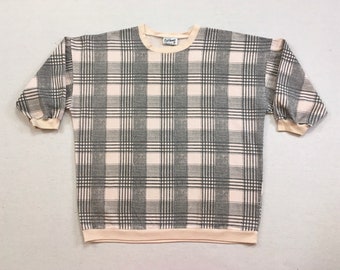 1980's, cotton, 3/4 sleeve, banded bottom pullover in pale ballet pink and gray plaid