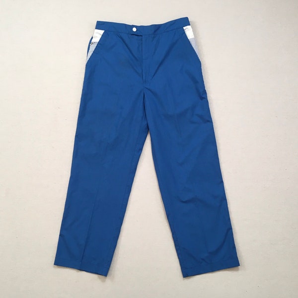 1980's, lightweight, athletic pants in cobalt blue with white trim, by Pierre Cardin