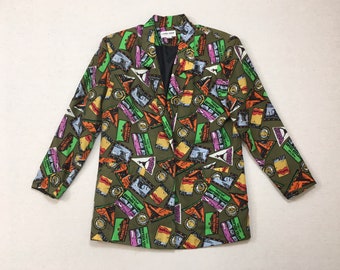 1980's, silk, blazer, in dried olive, with colorful, travel stamp print
