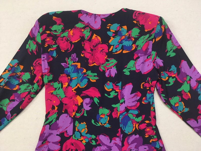 1990's, collarless, tailored waist, rayon blazer, in navy with purples, fuchsia, teal, blue, orange and green, floral print image 10