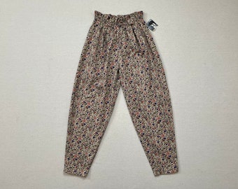 1990's, cotton, paper bag waist pants in khaki with indigo, olive and red, floral print