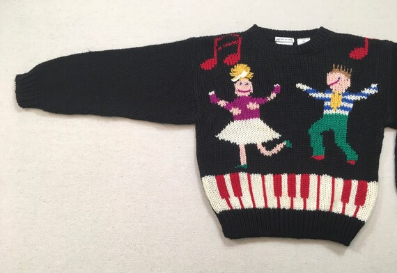 1990's, sweater, in black, with colorful, dancing… - image 8